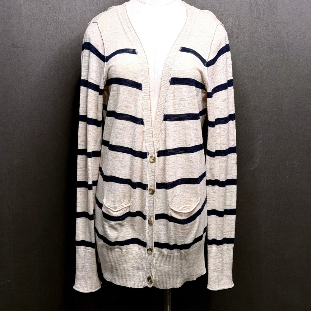 Vtg Mossimo Cardigan Sweater Womens L Cream Navy Blue Striped Cotton‎ V-Neck Y2K
